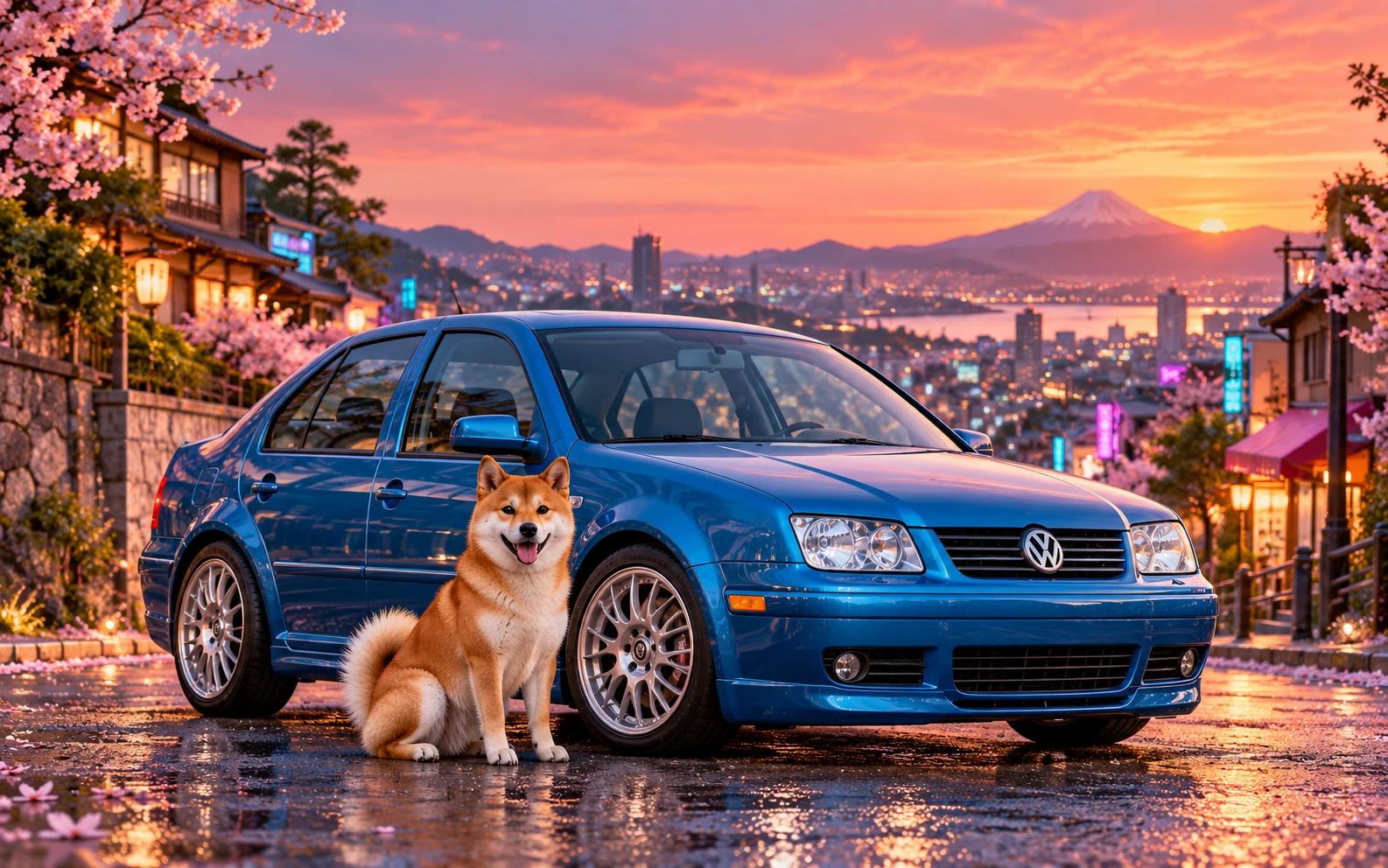 Balto sitting beside a lagoon-blue Mk4 Jetta GLI